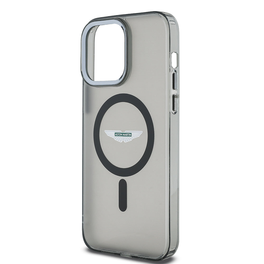 Apple iPhone 14 Pro Max Kılıf Aston Martin Orjinal Lisanslı M-safe Şarj Özellikli  IML Baskı Logolu Metal Düğmeli Kapak Siyah