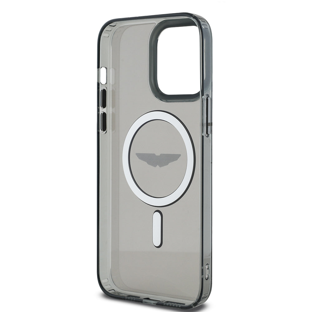 Apple iPhone 14 Pro Max Kılıf Aston Martin Orjinal Lisanslı M-safe Şarj Özellikli  IML Baskı Logolu Metal Düğmeli Kapak Siyah