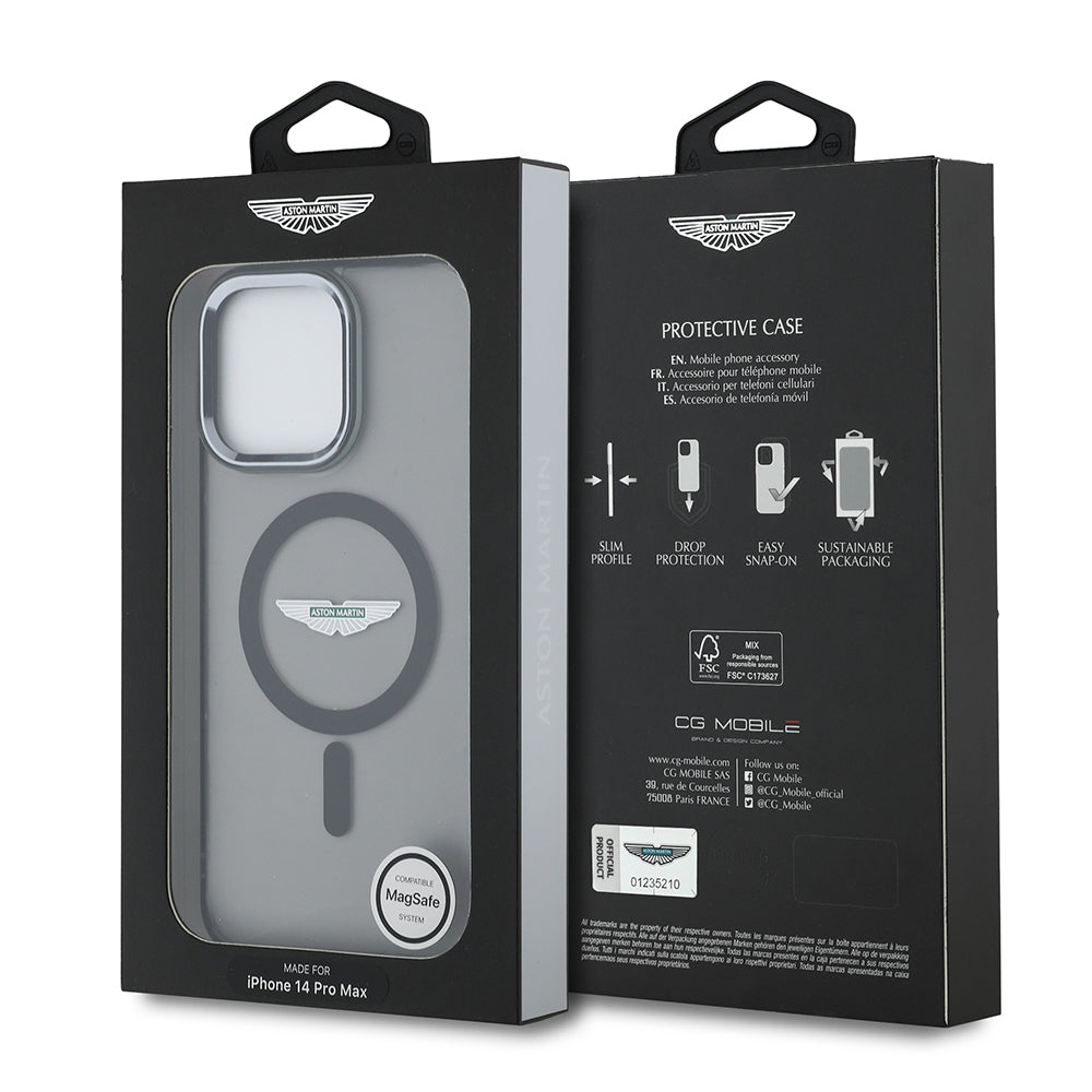 Apple iPhone 14 Pro Max Kılıf Aston Martin Orjinal Lisanslı M-safe Şarj Özellikli  IML Baskı Logolu Metal Düğmeli Kapak Siyah