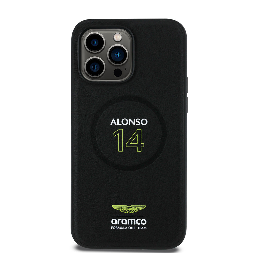 Apple iPhone 14 Pro Max Kılıf Aston Martin Orjinal Lisanslı M-safe Şarj Özellikli PU Deri Alonso 14 Baskılı Kapak