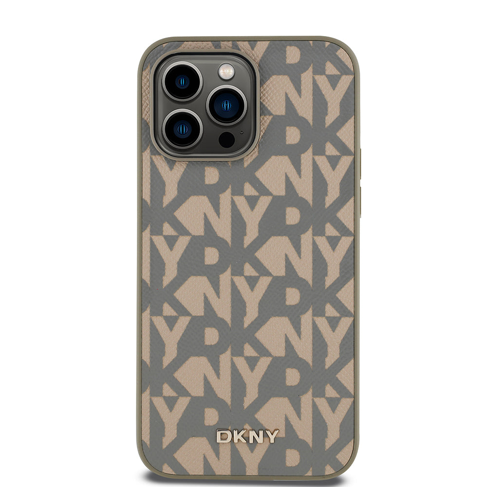 Apple iPhone 14 Pro Max Kılıf DKNY Orjinal Lisanslı M-safe Şarj Özellikli 3D Yazılı Grid Pattern Kapak Kahverengi