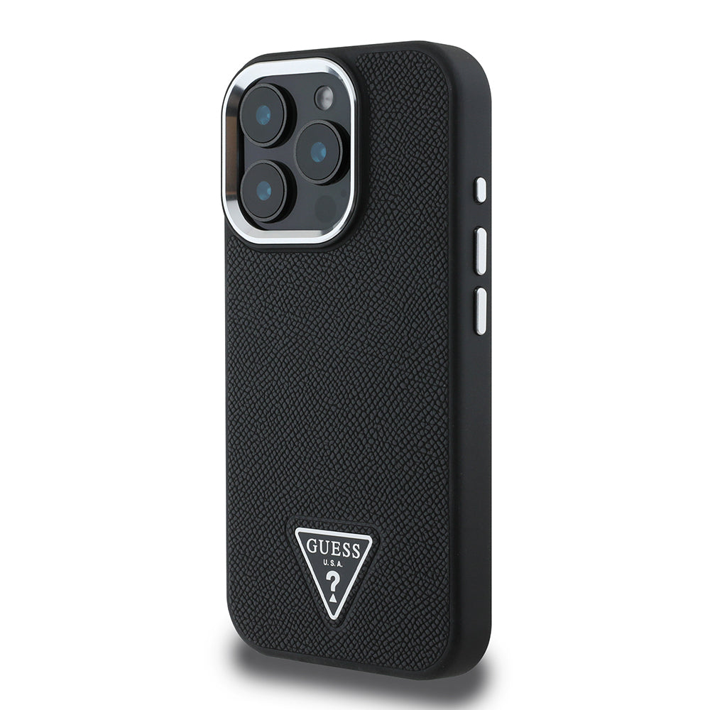 Apple iPhone 14 Pro Max Kılıf Guess Orjinal Lisanslı M-safe Şarj Özellikli Grained Triangle Kapak Siyah