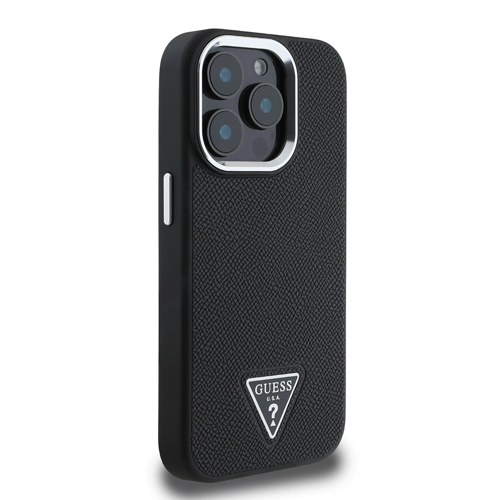 Apple iPhone 14 Pro Max Kılıf Guess Orjinal Lisanslı M-safe Şarj Özellikli Grained Triangle Kapak Siyah