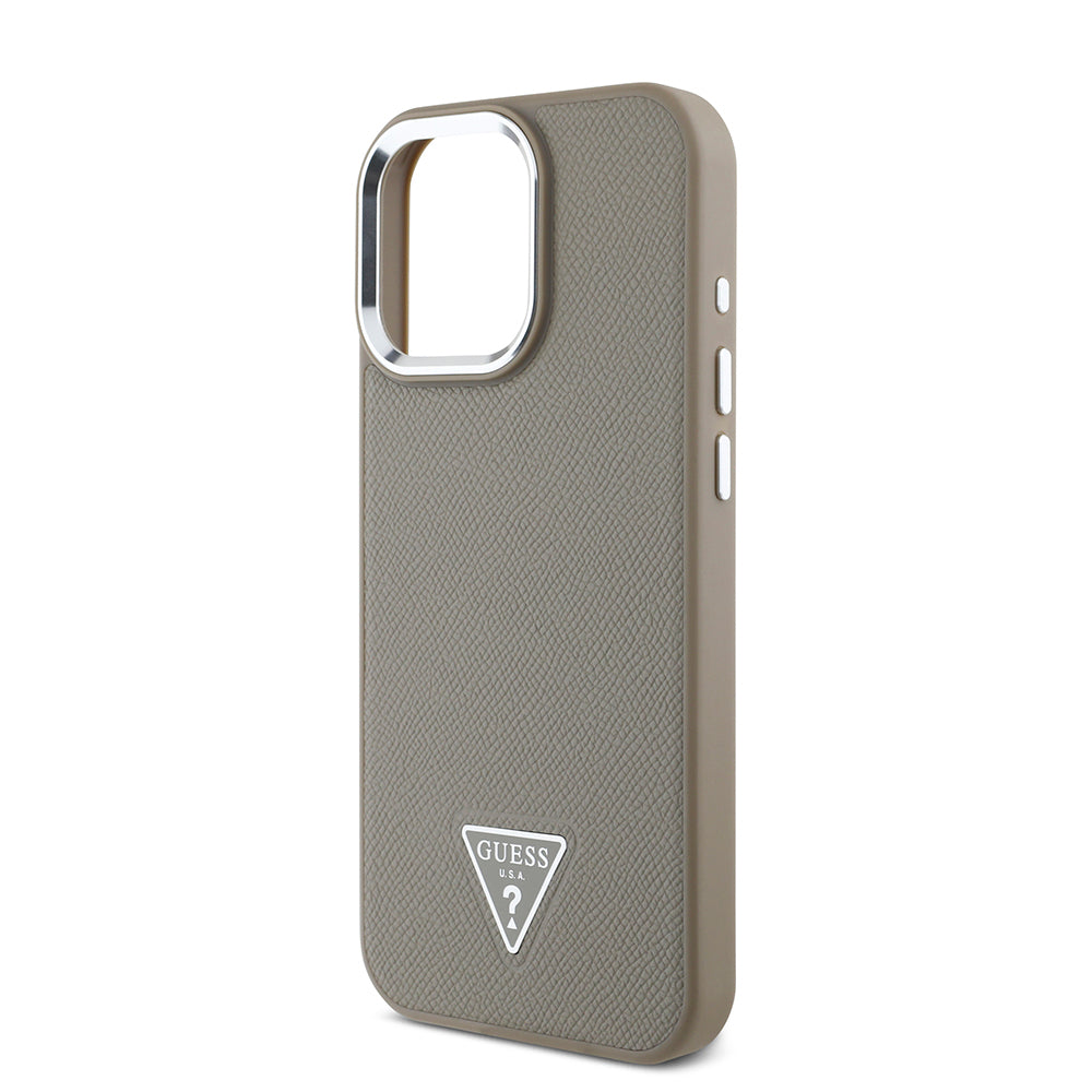 Apple iPhone 14 Pro Max Kılıf Guess Orjinal Lisanslı M-safe Şarj Özellikli Grained Triangle Kapak Kahverengi