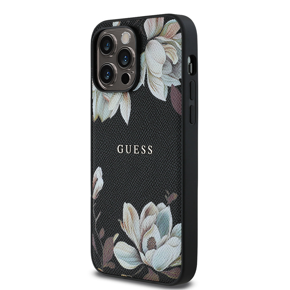 Apple iPhone 14 Pro Max Kılıf Guess Orjinal Lisanslı M-safe Şarj Özellikli Taneli Çiçek Tasarımlı Metal Yazı Logolu Kapak Siyah