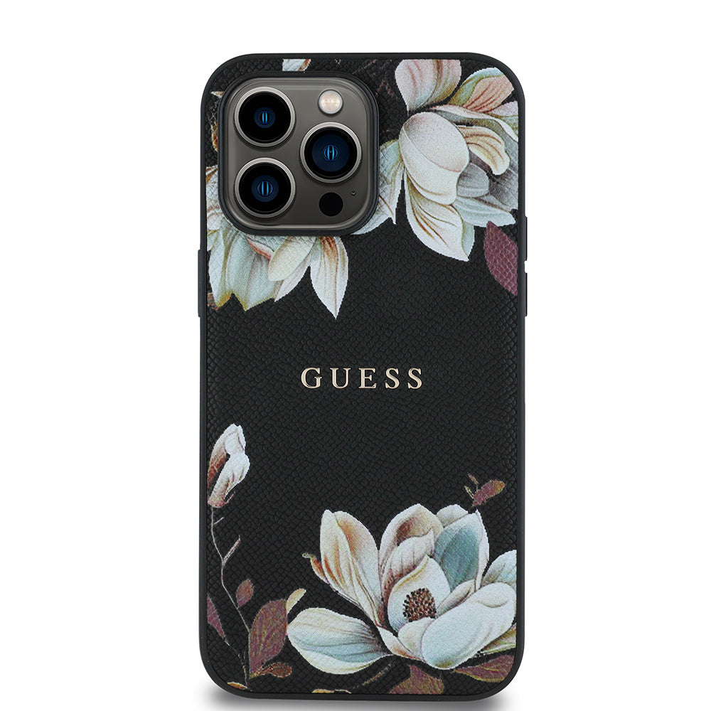Apple iPhone 14 Pro Max Kılıf Guess Orjinal Lisanslı M-safe Şarj Özellikli Taneli Çiçek Tasarımlı Metal Yazı Logolu Kapak Siyah