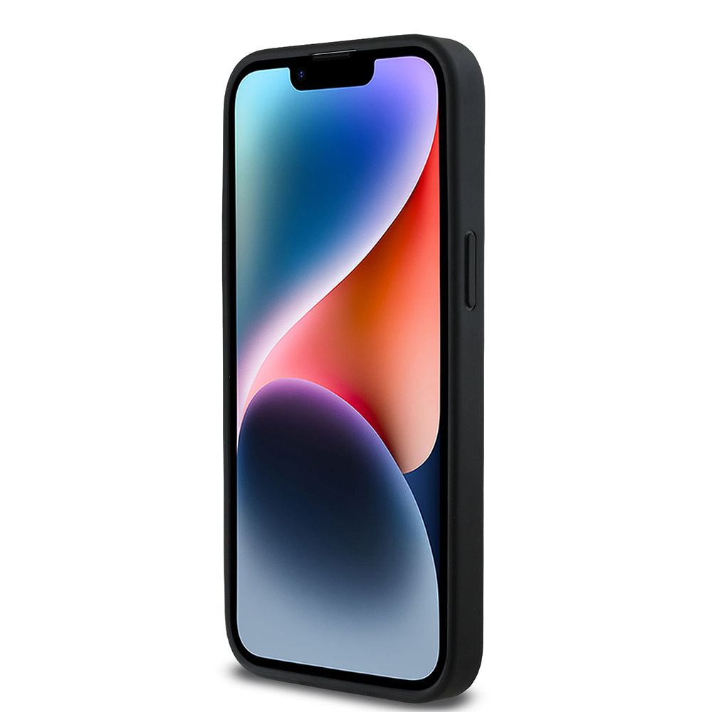 Apple iPhone 14 Pro Max Kılıf Guess Orjinal Lisanslı M-safe Şarj Özellikli Taneli Çiçek Tasarımlı Metal Yazı Logolu Kapak Siyah