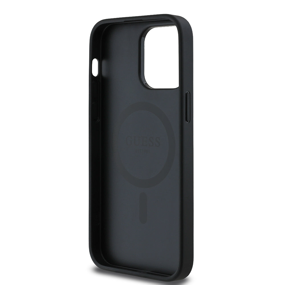 Apple iPhone 14 Pro Max Kılıf Guess Orjinal Lisanslı M-safe Şarj Özellikli Taneli Çiçek Tasarımlı Metal Yazı Logolu Kapak Siyah