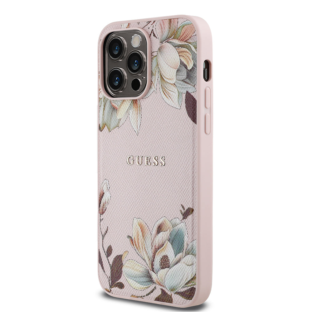 Apple iPhone 14 Pro Max Kılıf Guess Orjinal Lisanslı M-safe Şarj Özellikli Taneli Çiçek Tasarımlı Metal Yazı Logolu Kapak Siyah