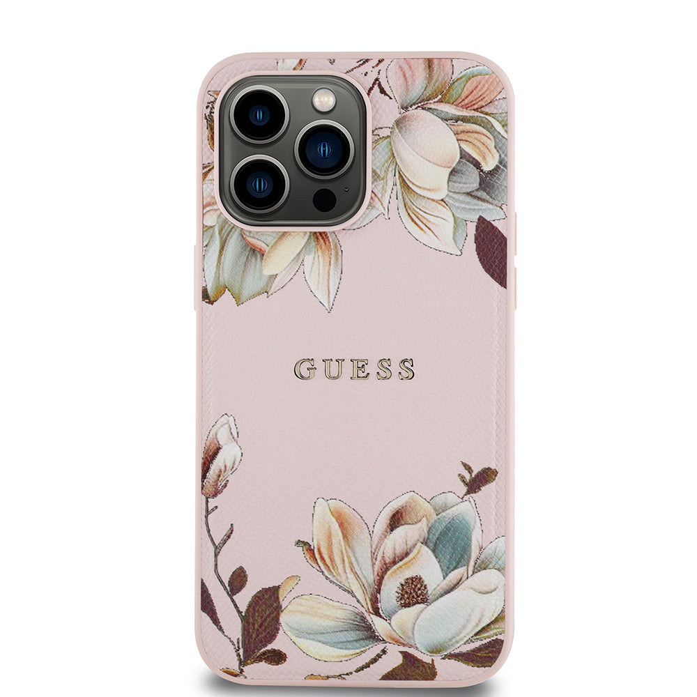 Apple iPhone 14 Pro Max Kılıf Guess Orjinal Lisanslı M-safe Şarj Özellikli Taneli Çiçek Tasarımlı Metal Yazı Logolu Kapak Siyah