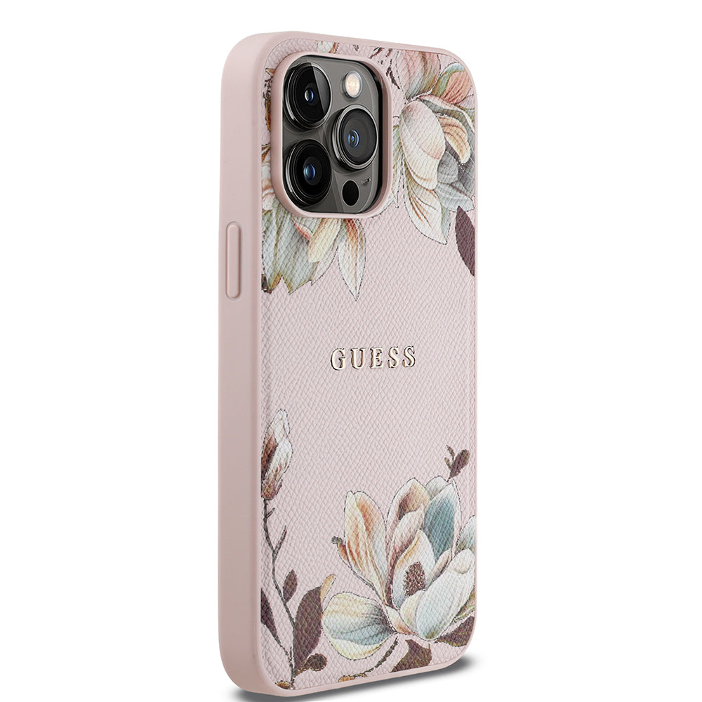 Apple iPhone 14 Pro Max Kılıf Guess Orjinal Lisanslı M-safe Şarj Özellikli Taneli Çiçek Tasarımlı Metal Yazı Logolu Kapak Siyah
