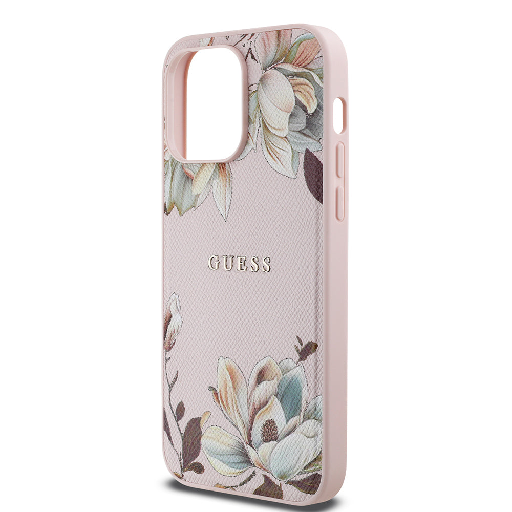 Apple iPhone 14 Pro Max Kılıf Guess Orjinal Lisanslı M-safe Şarj Özellikli Taneli Çiçek Tasarımlı Metal Yazı Logolu Kapak Siyah