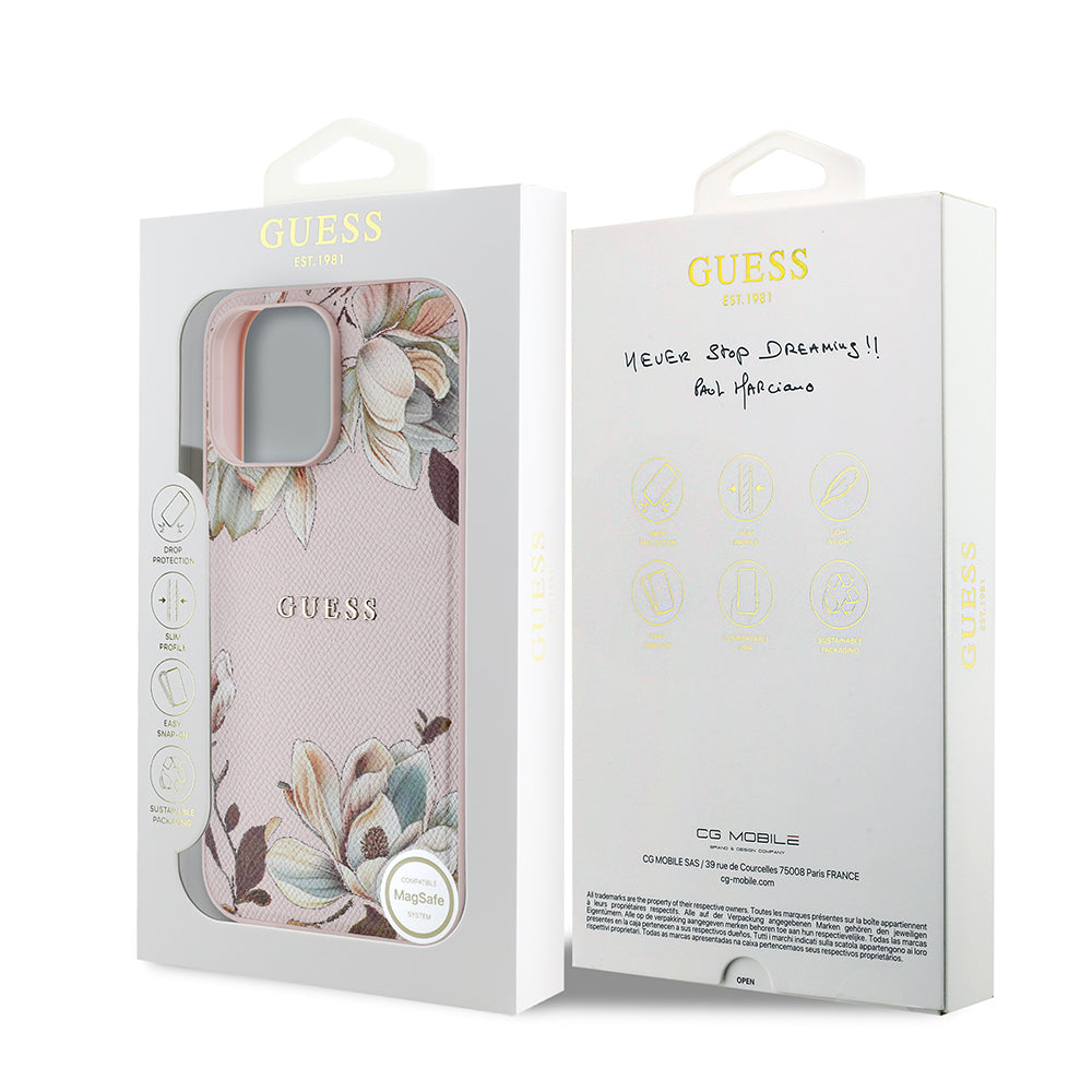 Apple iPhone 14 Pro Max Kılıf Guess Orjinal Lisanslı M-safe Şarj Özellikli Taneli Çiçek Tasarımlı Metal Yazı Logolu Kapak Pembe