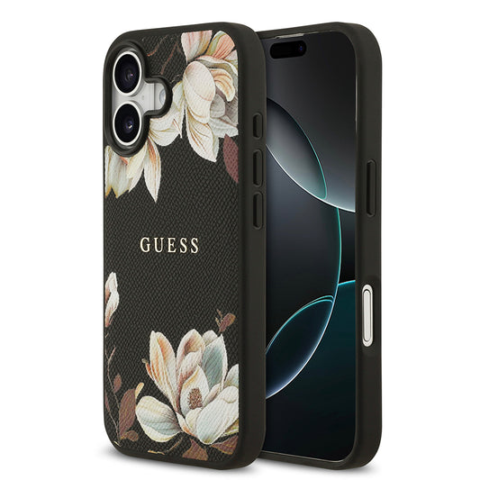 Apple iPhone 17 Kılıf Guess Orjinal Lisanslı M-safe Şarj Özellikli Taneli Çiçek Tasarımlı Metal Yazı Logolu Kapak Pembe