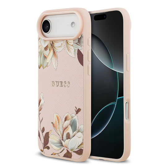 Apple iPhone 17 Air Kılıf Guess Orjinal Lisanslı M-safe Şarj Özellikli Taneli Çiçek Tasarımlı Metal Yazı Logolu Kapak Siyah