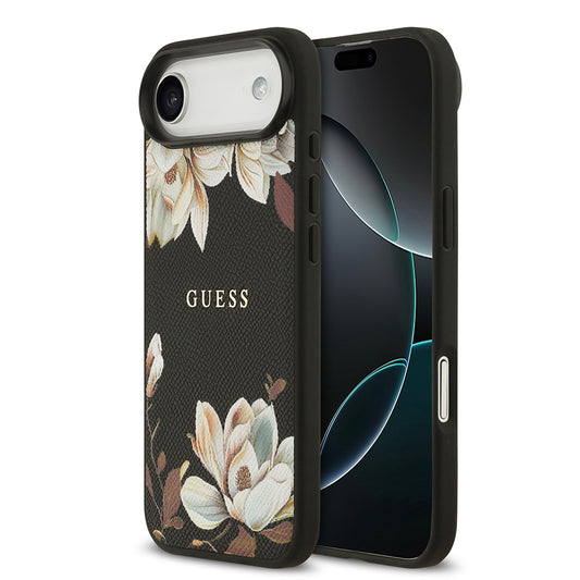 Apple iPhone 17 Air Kılıf Guess Orjinal Lisanslı M-safe Şarj Özellikli Taneli Çiçek Tasarımlı Metal Yazı Logolu Kapak