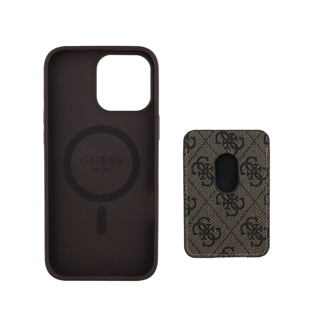 Apple iPhone 14 Pro Max Kılıf Guess Orjinal Lisanslı M-safe Şarj Özellikli 4G Desenli Çizgili Kartlıklı Kapak Kahverengi