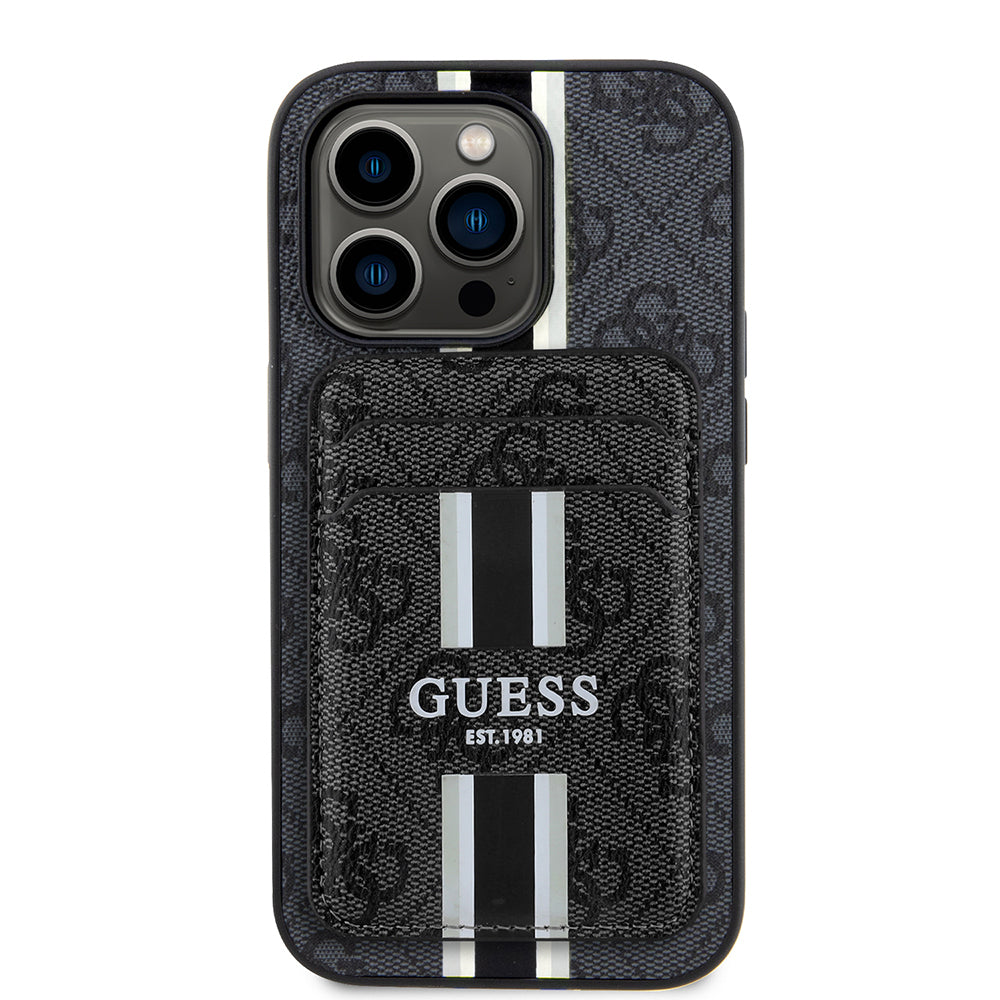 Apple iPhone 14 Pro Max Kılıf Guess Orjinal Lisanslı M-safe Şarj Özellikli 4G Desenli Çizgili Kartlıklı Kapak Kahverengi