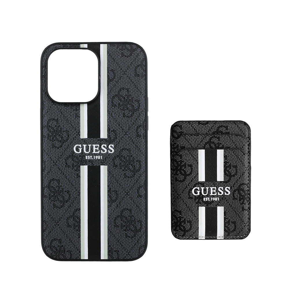 Apple iPhone 14 Pro Max Kılıf Guess Orjinal Lisanslı M-safe Şarj Özellikli 4G Desenli Çizgili Kartlıklı Kapak Kahverengi