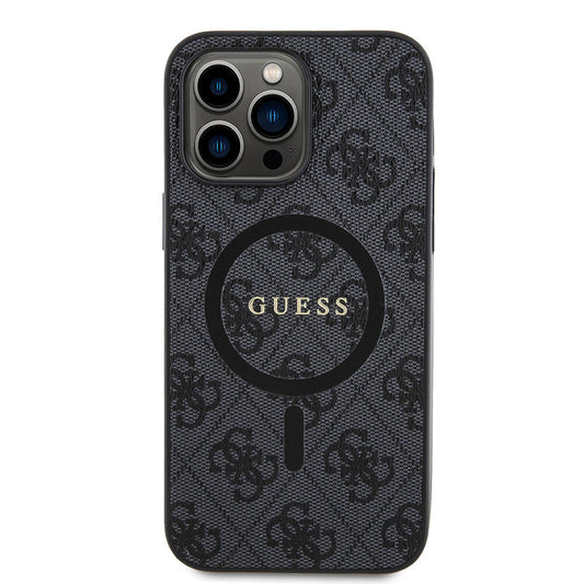 Apple iPhone 14 Pro Max Kılıf Guess Orjinal Lisanslı M-safe Şarj Özellikli PU Halkalı 4G Desenli Yazı Logolu Kapak