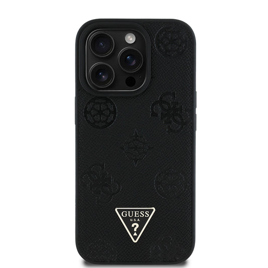 Apple iPhone 14 Pro Max Kılıf Guess Orjinal Lisanslı M-safe Şarj Özellikli Sıcak Baskılı Üçgen Logolu PU Deri Peony Kapak Siyah