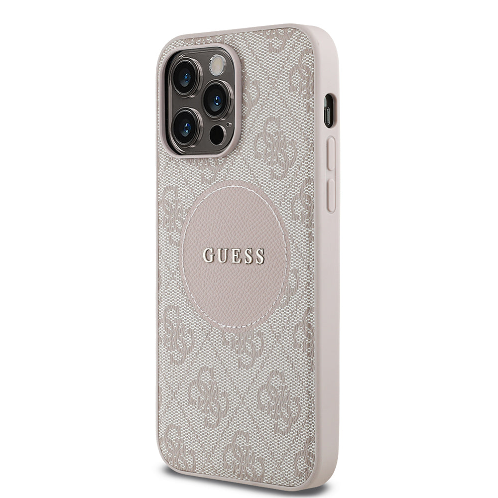 Apple iPhone 14 Pro Max Kılıf Guess Orjinal Lisanslı M-safe Şarj Özellikli Yazı Logolu Circle Classic Kapak Pembe