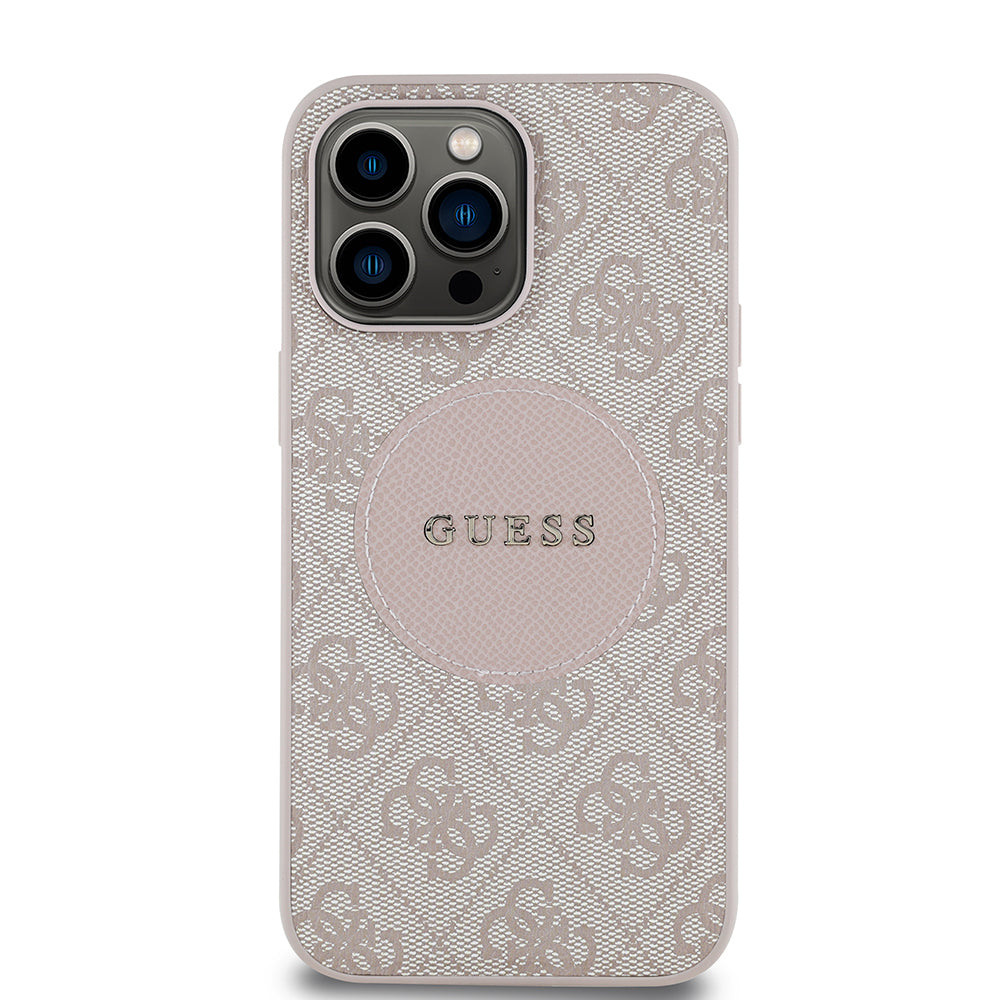 Apple iPhone 14 Pro Max Kılıf Guess Orjinal Lisanslı M-safe Şarj Özellikli Yazı Logolu Circle Classic Kapak Pembe