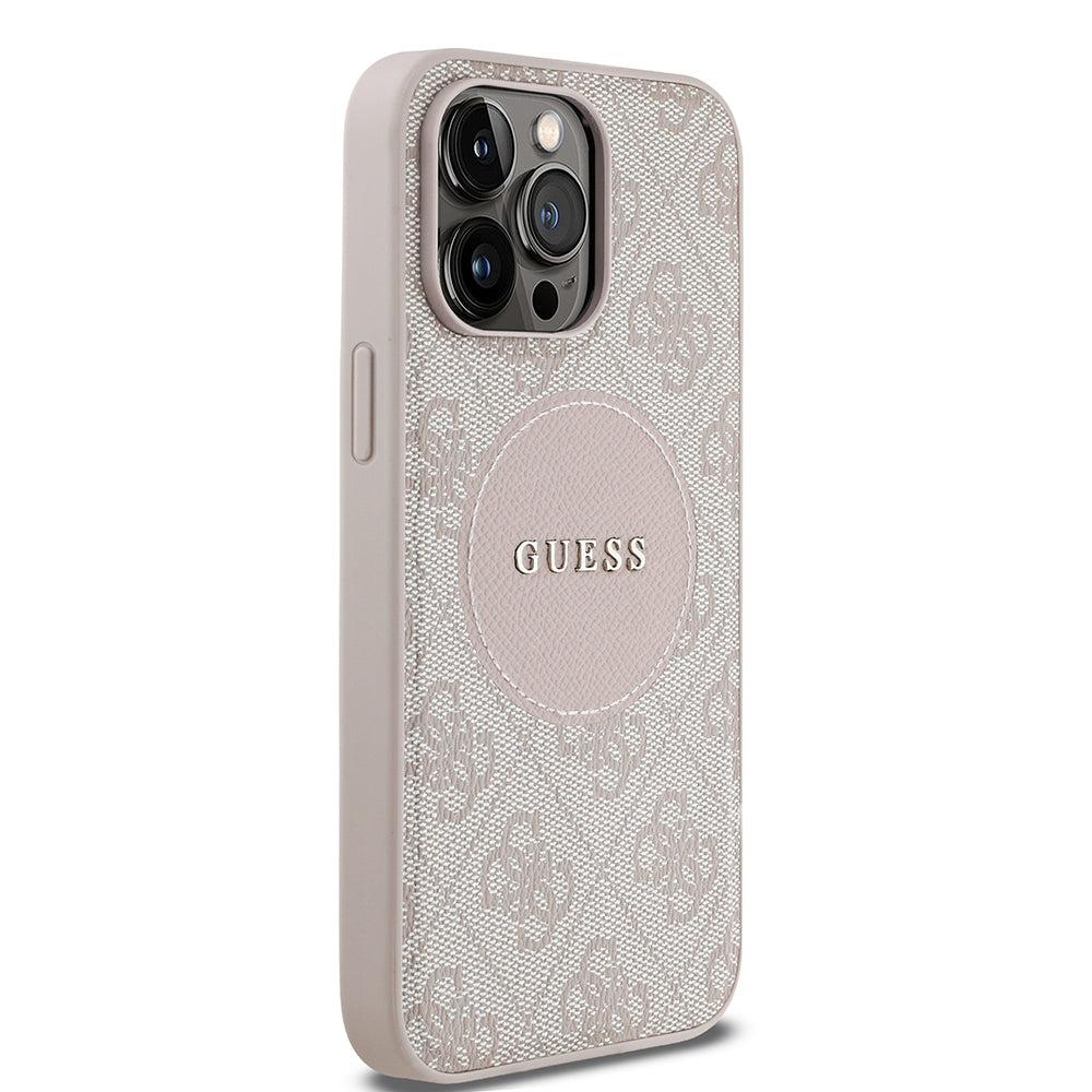 Apple iPhone 14 Pro Max Kılıf Guess Orjinal Lisanslı M-safe Şarj Özellikli Yazı Logolu Circle Classic Kapak Pembe