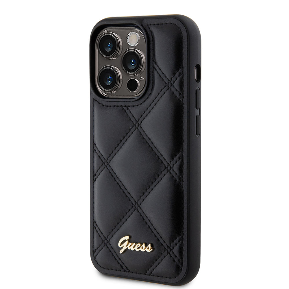 Apple iPhone 14 Pro Max Kılıf Guess Orjinal Lisanslı PU Deri Metal Yazı Logolu Kapitone Kapak Siyah