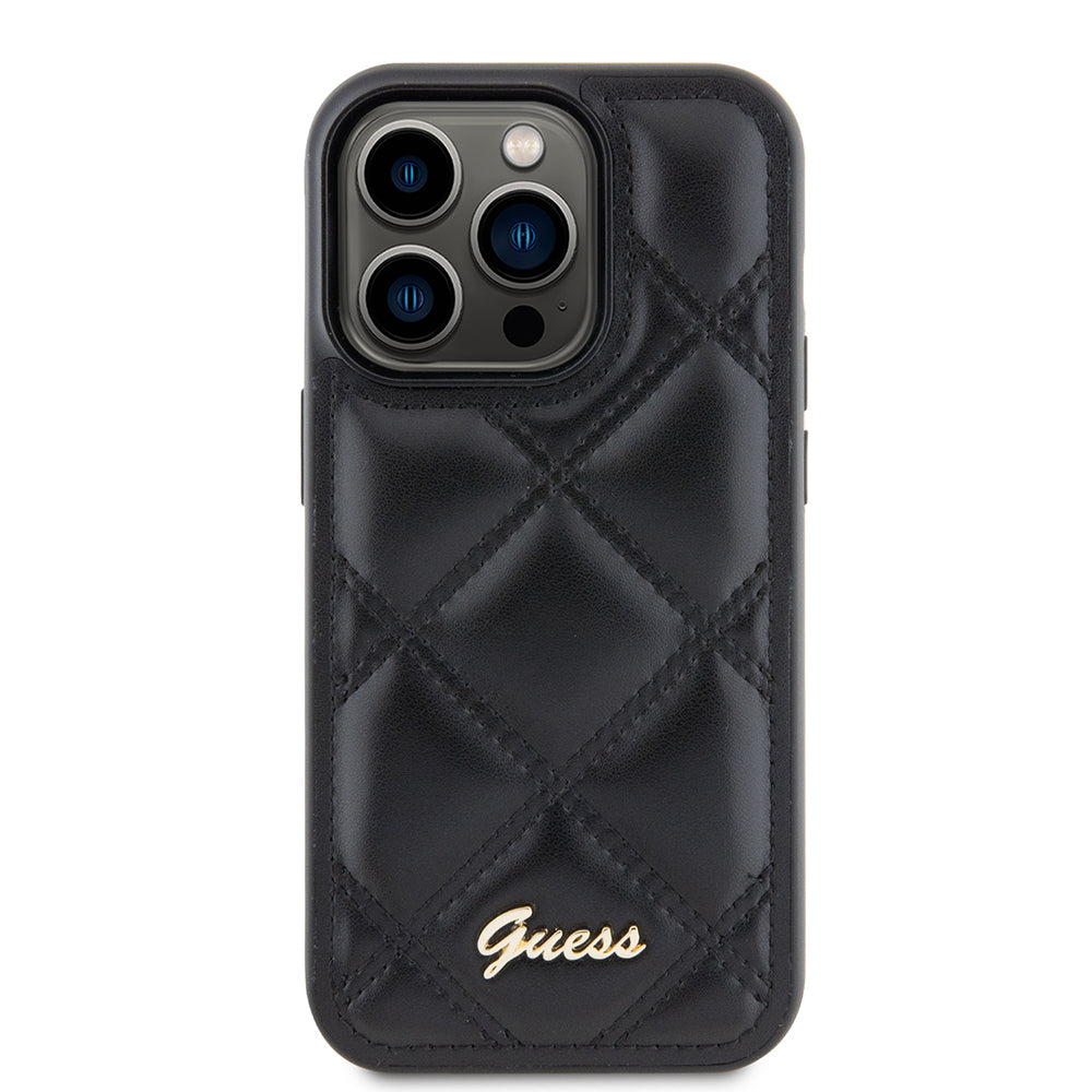 Apple iPhone 14 Pro Max Kılıf Guess Orjinal Lisanslı PU Deri Metal Yazı Logolu Kapitone Kapak Siyah
