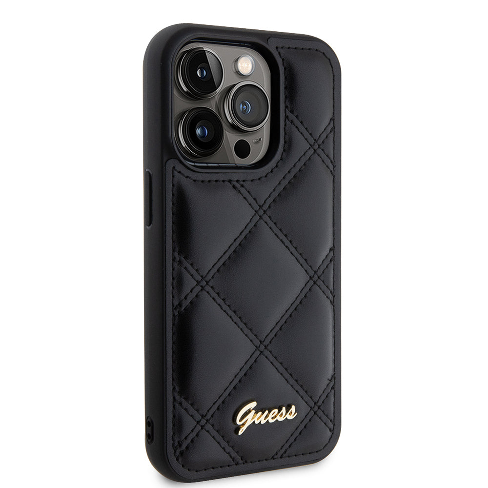 Apple iPhone 14 Pro Max Kılıf Guess Orjinal Lisanslı PU Deri Metal Yazı Logolu Kapitone Kapak Siyah