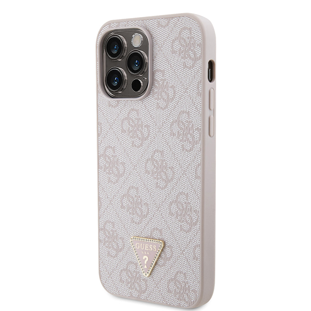 Apple iPhone 14 Pro Max Kılıf Guess Orjinal Lisanslı PU Deri Taşlı Metal Üçgen Logolu Çapraz Vücut Askılı 4G Desenli Kapak Pembe