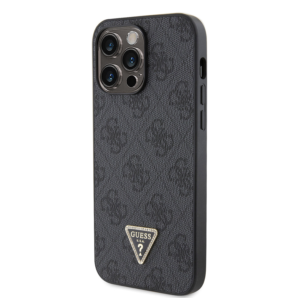 Apple iPhone 14 Pro Max Kılıf Guess Orjinal Lisanslı PU Deri Taşlı Metal Üçgen Logolu Çapraz Vücut Askılı 4G Desenli Kapak Siyah