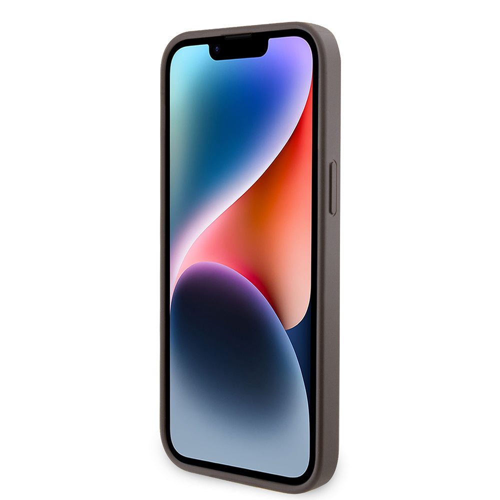 Apple iPhone 14 Pro Max Kılıf Guess Orjinal Lisanslı PU Deri Taşlı Metal Üçgen Logolu Çapraz Vücut Askılı 4G Desenli Kapak Pembe
