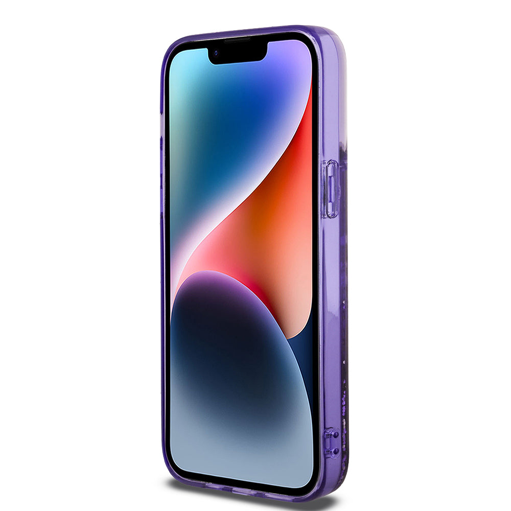 Apple iPhone 14 Pro Max Kılıf Guess Orjinal Lisanslı Transparan Sıvılı Simli Altın Çizgili Kapak Mor