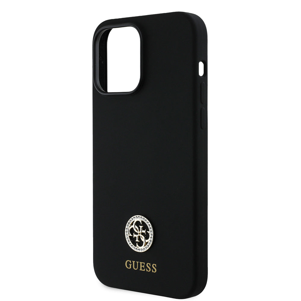 Apple iPhone 14 Pro Max Kılıf Guess Orjinal Lisanslı Yazı ve Taşlı 4G Logolu Silikon Kapak Siyah