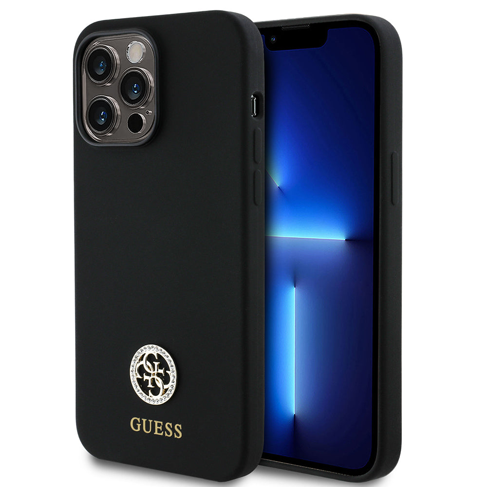 Apple iPhone 14 Pro Max Kılıf Guess Orjinal Lisanslı Yazı ve Taşlı 4G Logolu Silikon Kapak Siyah