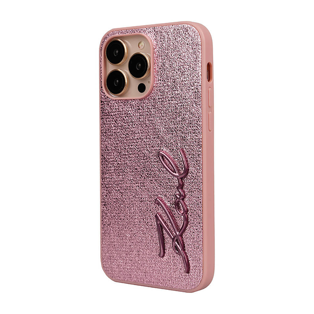 Apple iPhone 14 Pro Max Kılıf Karl Lagerfeld Orjinal Lisanslı 3D KL Yazılı Tüylü Arka Yüzey Saffiano Rhinestones Kapak