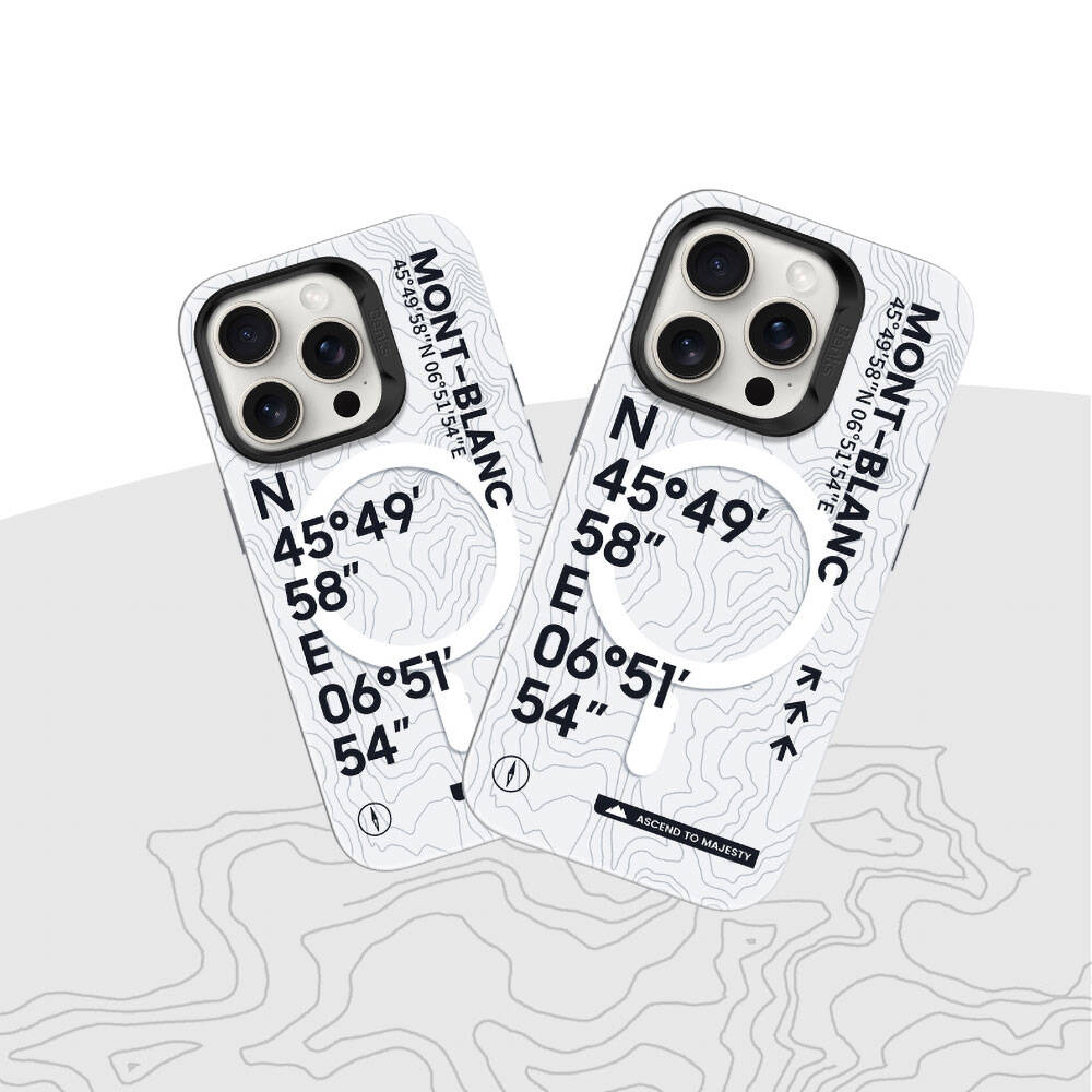 iPhone 14 Pro Max Kılıf Magsafe Şarj Özellikli Koordinat Yazı Desenli Benks Summit Serisi Kılıf Beyaz