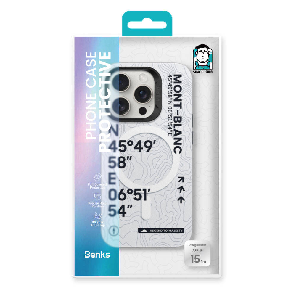 iPhone 14 Pro Max Kılıf Magsafe Şarj Özellikli Koordinat Yazı Desenli Benks Summit Serisi Kılıf Beyaz