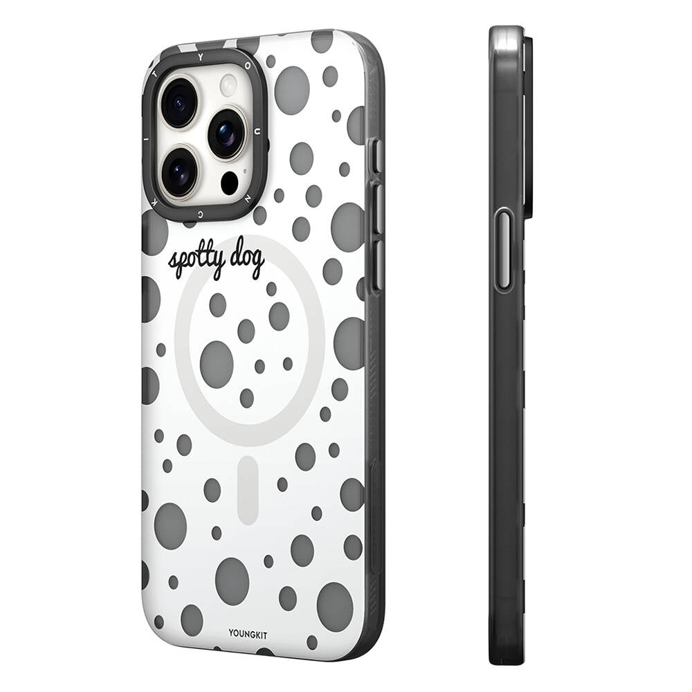 iPhone 14 Pro Max Kılıf Magsafe Şarj Özellikli Polka Dot Desenli Youngkit Spots Serisi Kılıf Beyaz