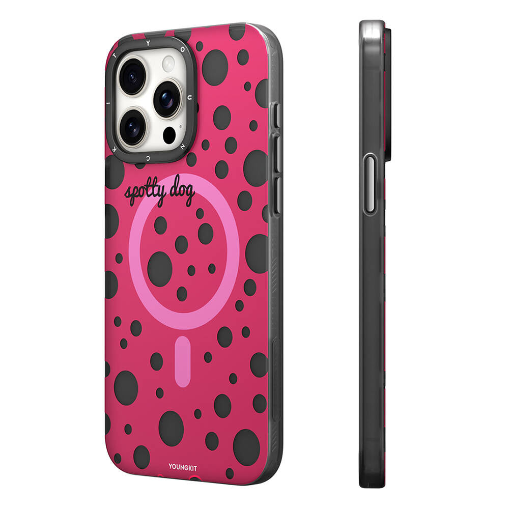 iPhone 14 Pro Max Kılıf Magsafe Şarj Özellikli Polka Dot Desenli Youngkit Spots Serisi Kılıf Pembe