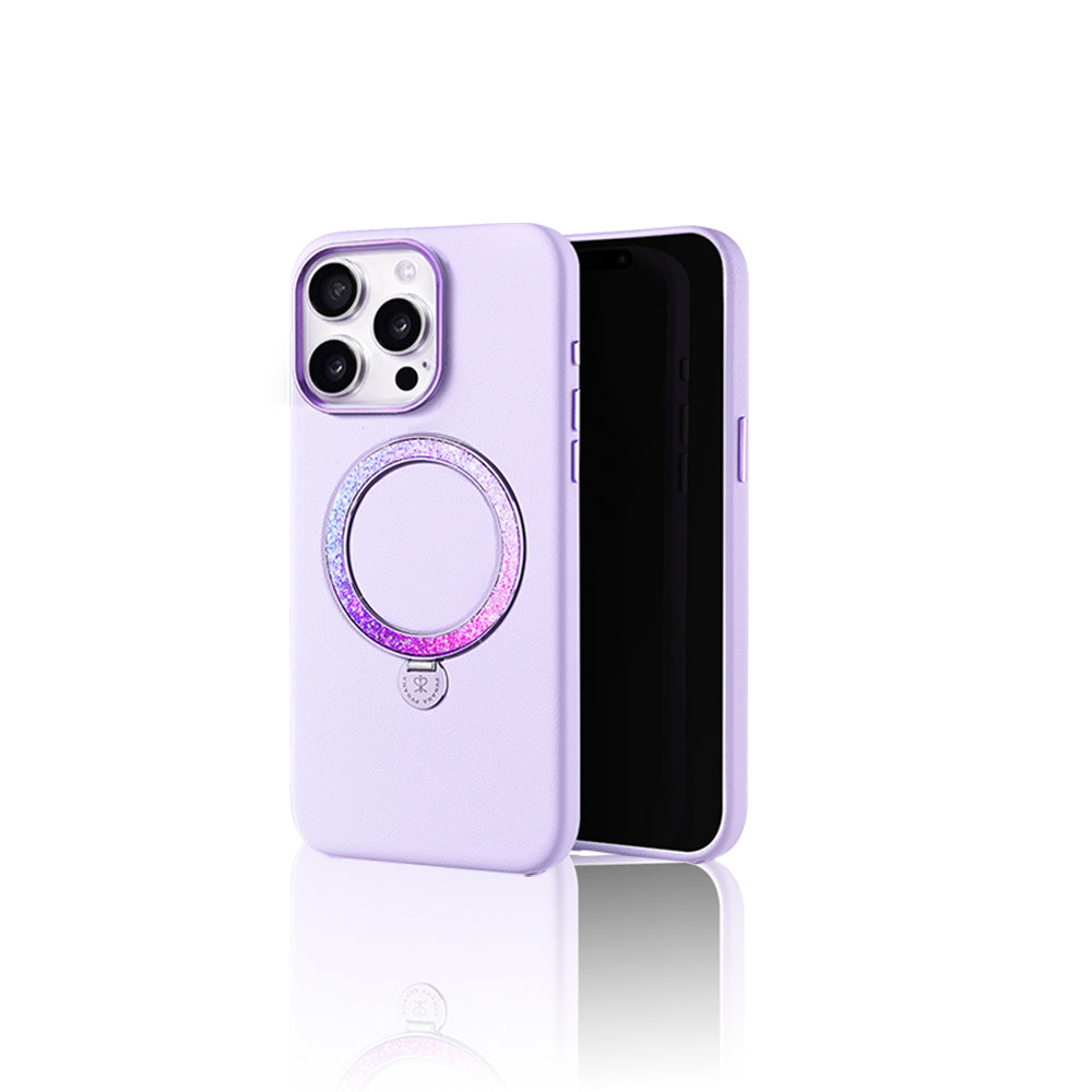 Apple iPhone 14 Pro Max Kılıf M-safe Şarj Özellikli Standlı Suni Deri Tasarımlı Pynana Dancing Circle Serisi Kapak Lila