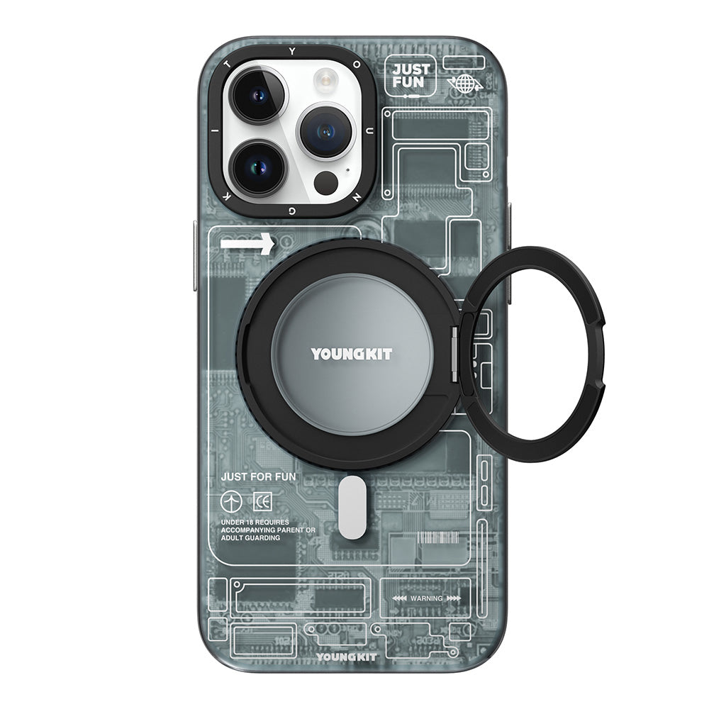 iPhone 14 Pro Max Kılıf Magsafe Şarj Özellikli Youngkit 360° Standlı Technology Serisi Kılıf Gri