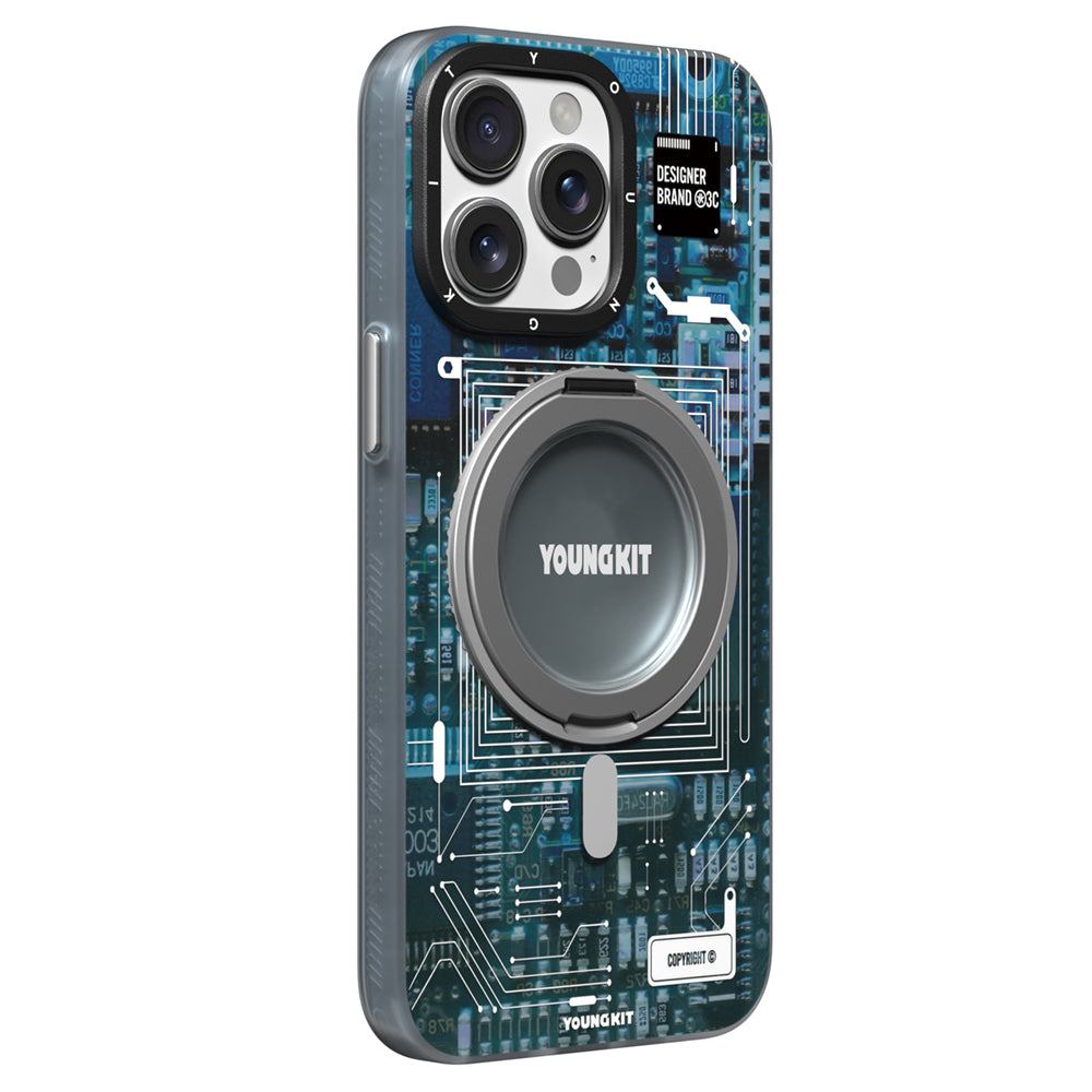 iPhone 14 Pro Max Kılıf Magsafe Şarj Özellikli Youngkit 360° Standlı Technology Serisi Kılıf Mavi