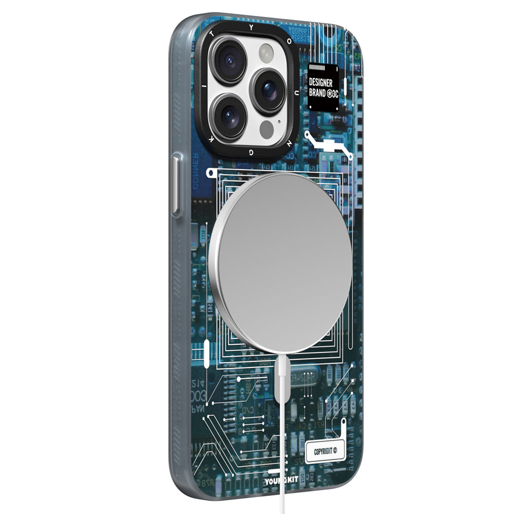 iPhone 14 Pro Max Kılıf Magsafe Şarj Özellikli Youngkit 360° Standlı Technology Serisi Kılıf Gri