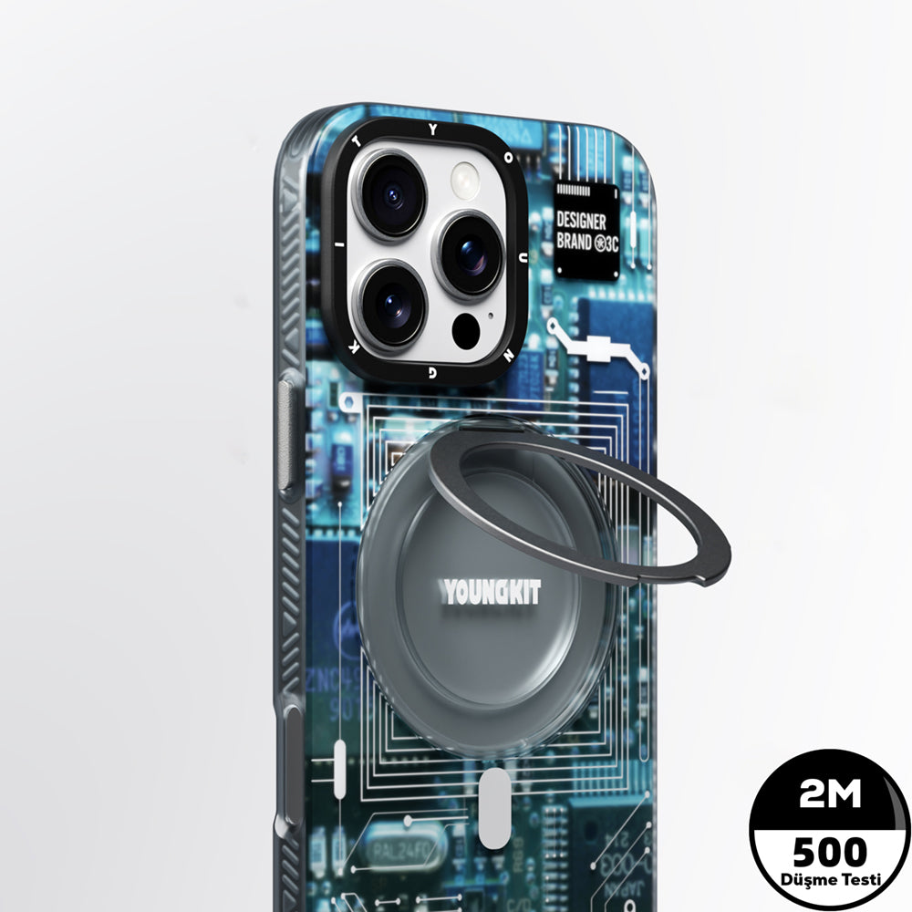 iPhone 14 Pro Max Kılıf Magsafe Şarj Özellikli Youngkit 360° Standlı Technology Serisi Kılıf Mavi