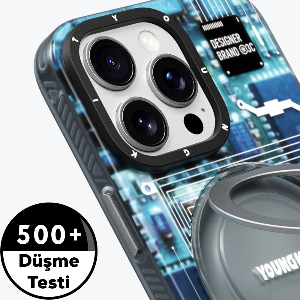 iPhone 14 Pro Max Kılıf Magsafe Şarj Özellikli Youngkit 360° Standlı Technology Serisi Kılıf Gri