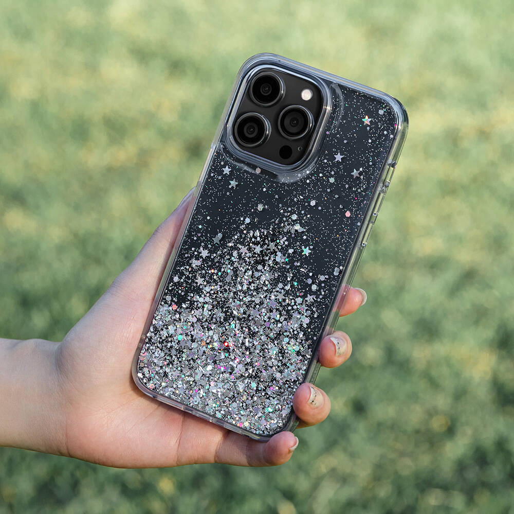 iPhone 14 Pro Max Kılıf Parlayan Simli Şeffaf Lisanslı Switcheasy Starfield Kılıf Colorful