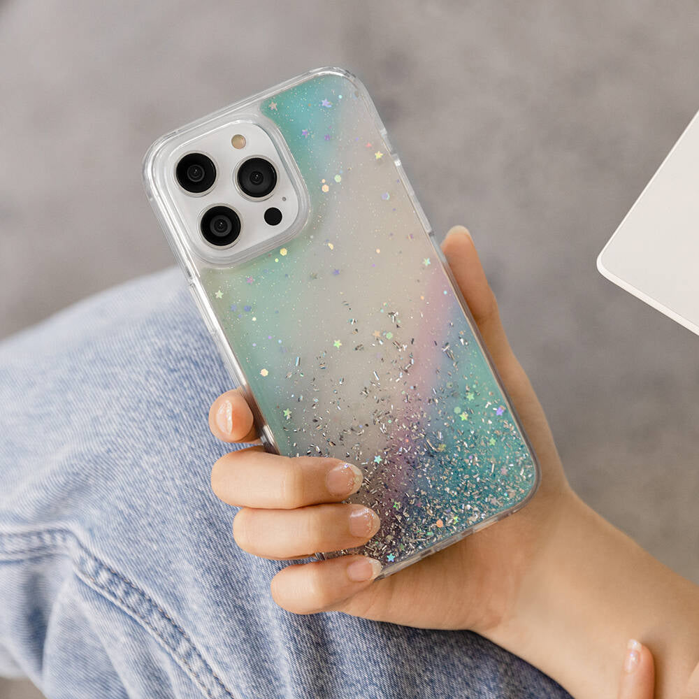 iPhone 14 Pro Max Kılıf Parlayan Simli Şeffaf Lisanslı Switcheasy Starfield Kılıf Mavi